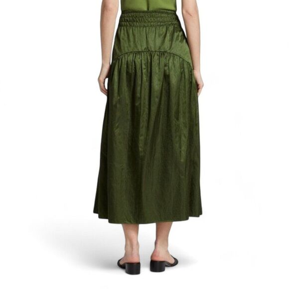 Vince Women's Size 4 Herb Metallic Green Smocked Midi Skirt - Picture 6 of 12